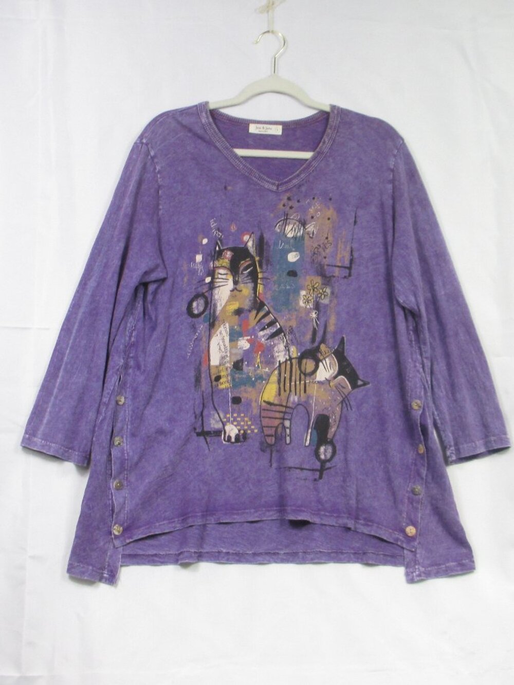 Jess & Jane Purple Cat Kitten Cotton Top Tunic  Mineral Wash Artsy USA Size L